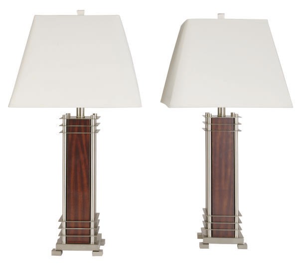 A PAIR OF CHROMED-METAL MOUNTED MAHOGANY TABLE LAMPS,