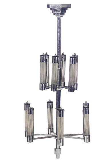 A CHROMED-METAL AND GLASS TWELVE-LIGHT CHANDELIER,