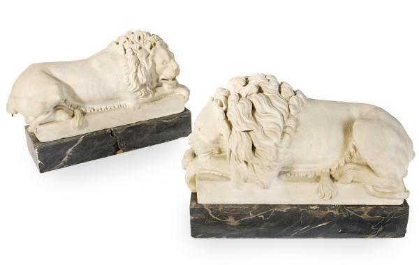 A PAIR OF MARBLE LIONS,