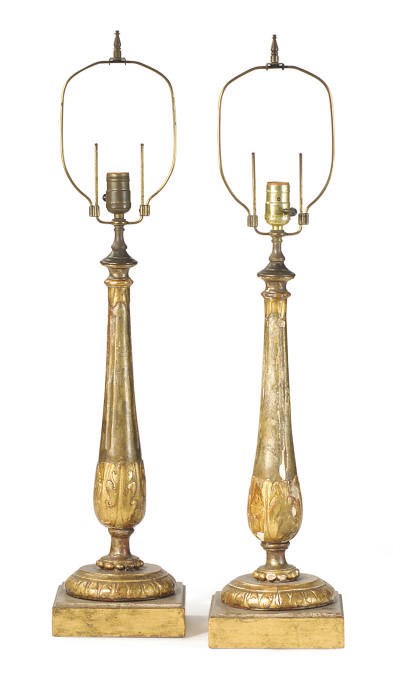 A PAIR OF POLYCHROME-DECORATED AND PARCEL-GILT TABLE LAMPS,