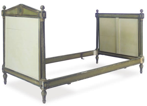 A FRENCH GREEN AND GREY-PAINTED DAYBED,