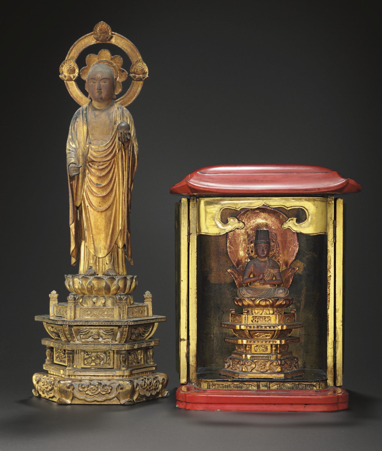A Wood Figure of Jizo (Ksitigarbha) and a Lacquer Portable Shrine (Zushi)