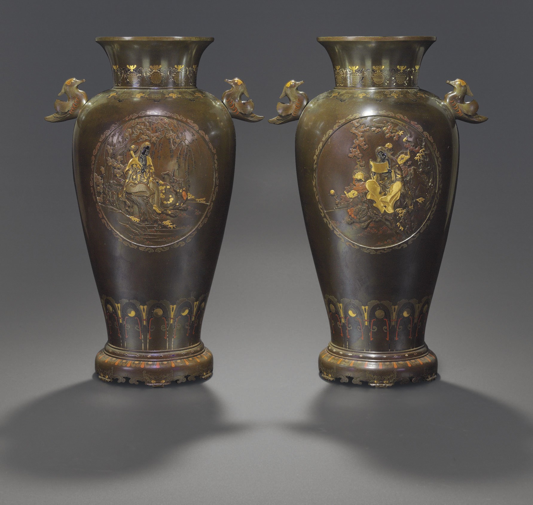 A Pair of Soft-Metal Inlaid Bronze Presentation Vases
