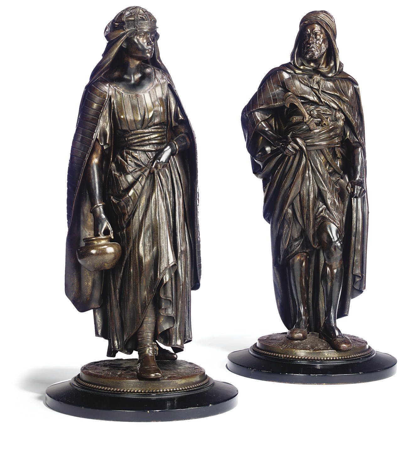 A PAIR OF FRENCH BRONZE FIGURES ENTITLED 'LA PORTEUSE' AND 'LE GUERRIER ARABE'