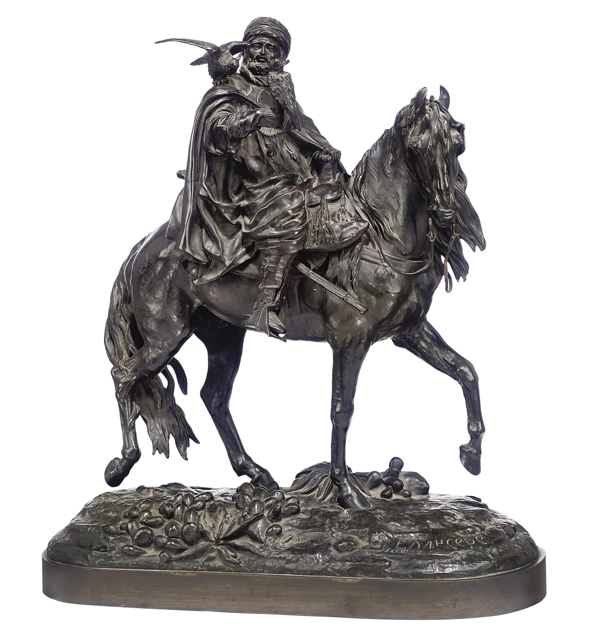A RUSSIAN BRONZE GROUP OF A FALCONER ON HORSEBACK