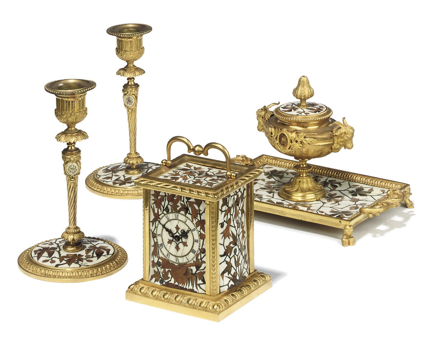 A NAPOLEON III ORMOLU-MOUNTED IVORY AND FRUITWOOD MARQUETRY FOUR-PIECE DESK-SET