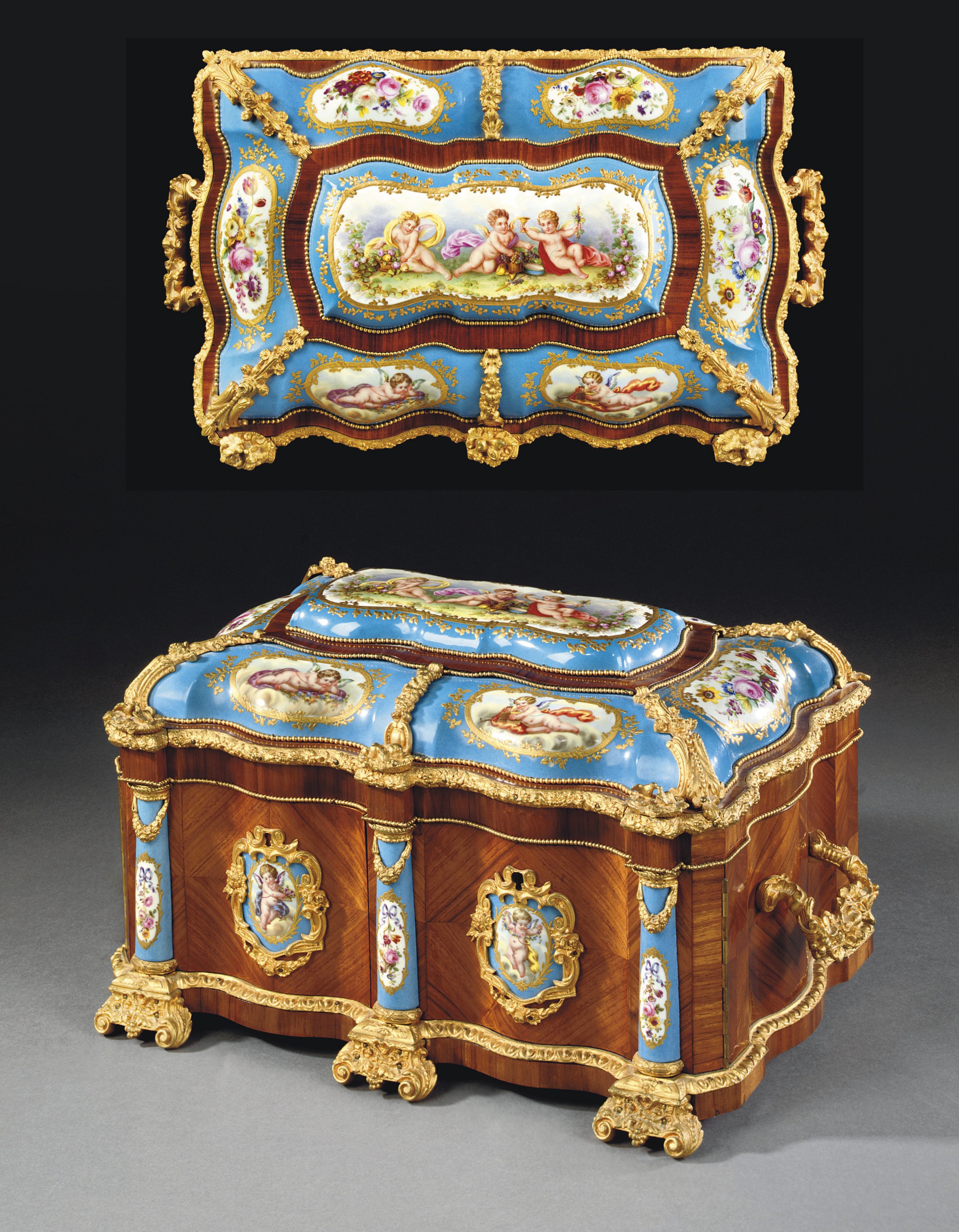 A NAPOLEON III ORMOLU AND SEVRES STYLE TURQUOISE-GROUND PORCELAIN-MOUNTED TULIPWOOD TABLE-CASKET