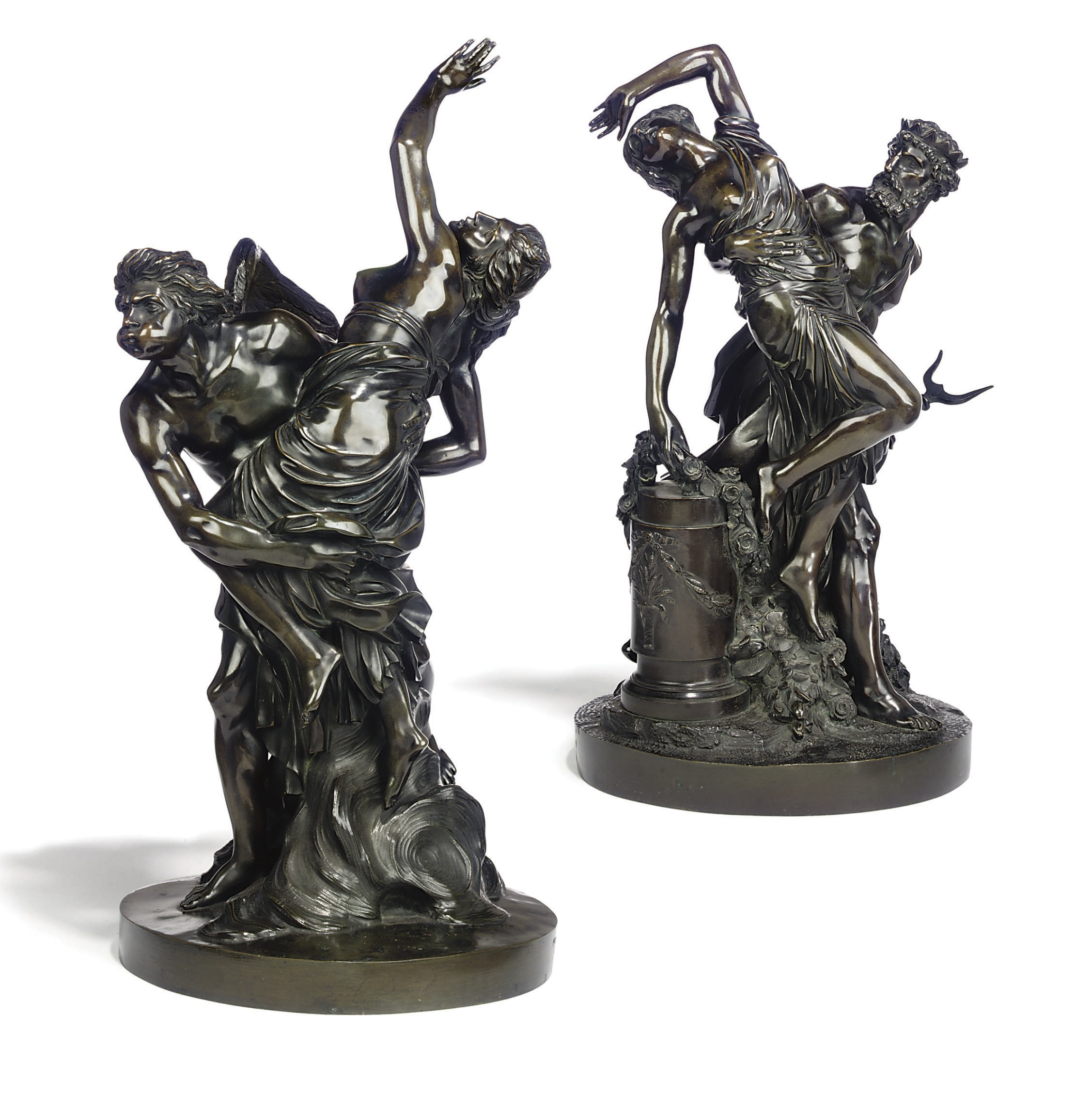A PAIR OF FRENCH PATINATED BRONZE GROUPS OF 'PLUTO AND PROSERPINE' AND 'BOREAS AND OREITHYIA'