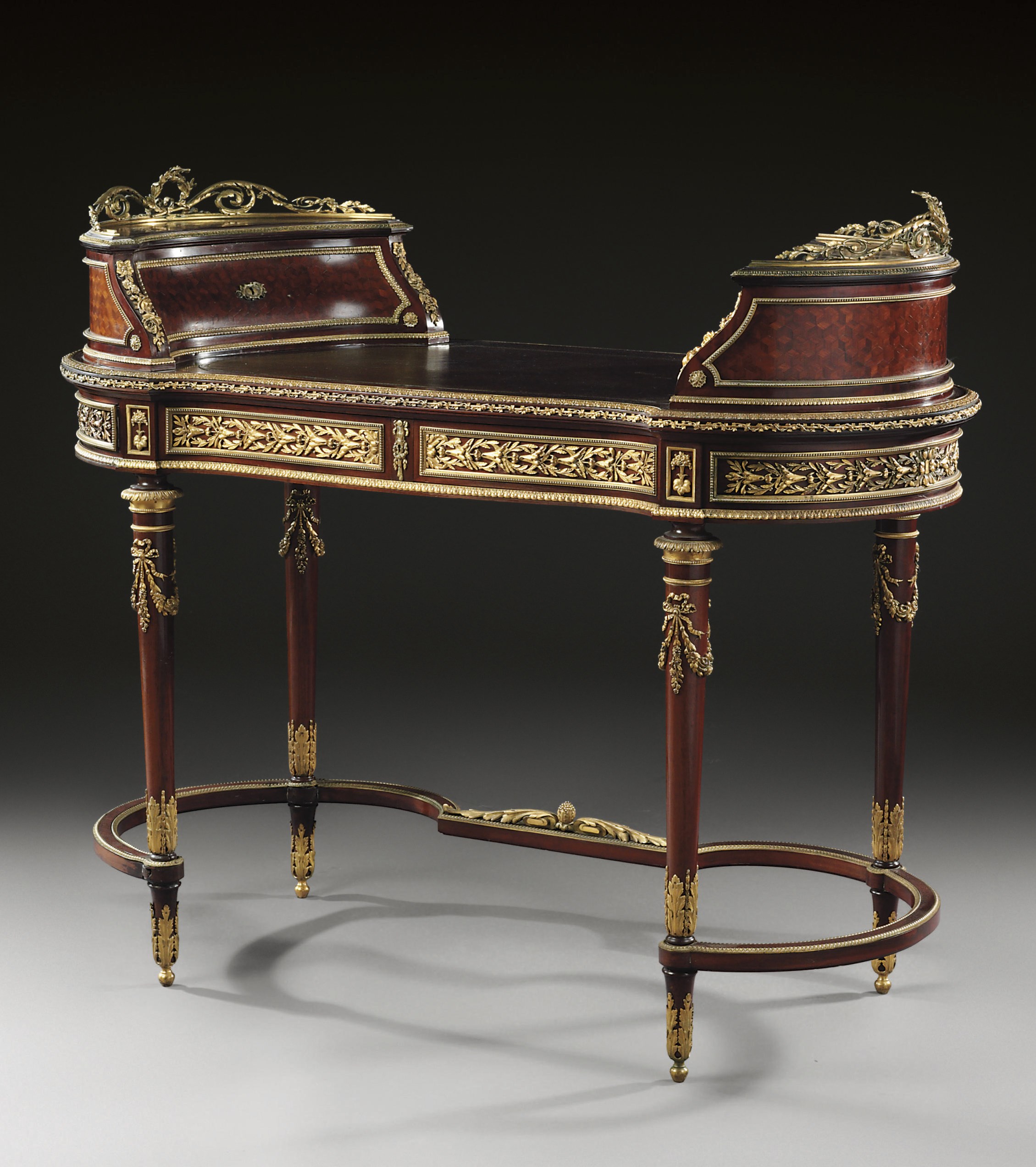 A FRENCH ORMOLU-MOUNTED MAHOGANY AND SATINE PARQUETRY BUREAU ROGNON