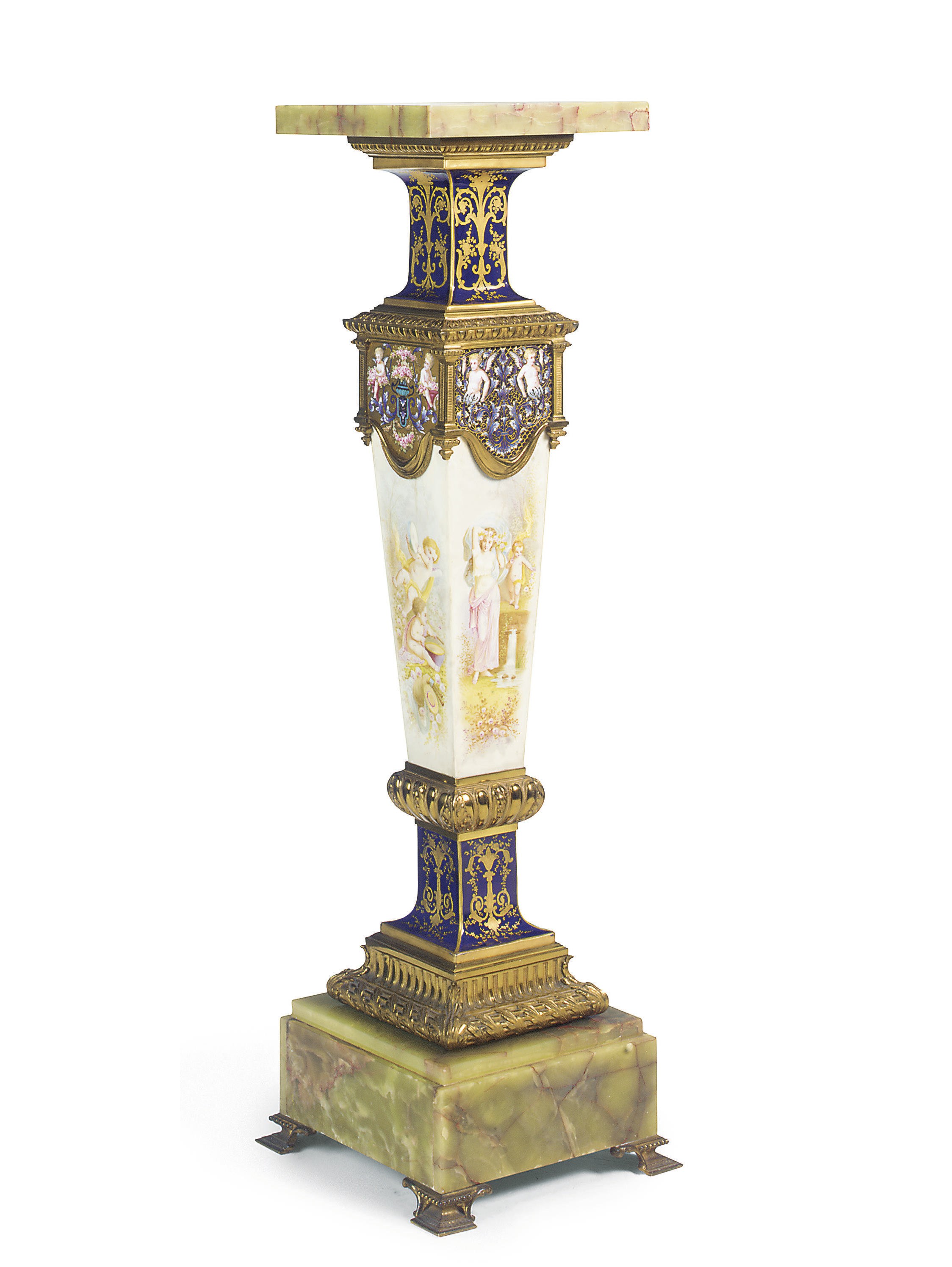 A FRENCH ORMOLU-MOUNTED, CHAMPLEVE ENAMEL, SEVRES STYLE PORCELAIN AND ONYX PEDESTAL