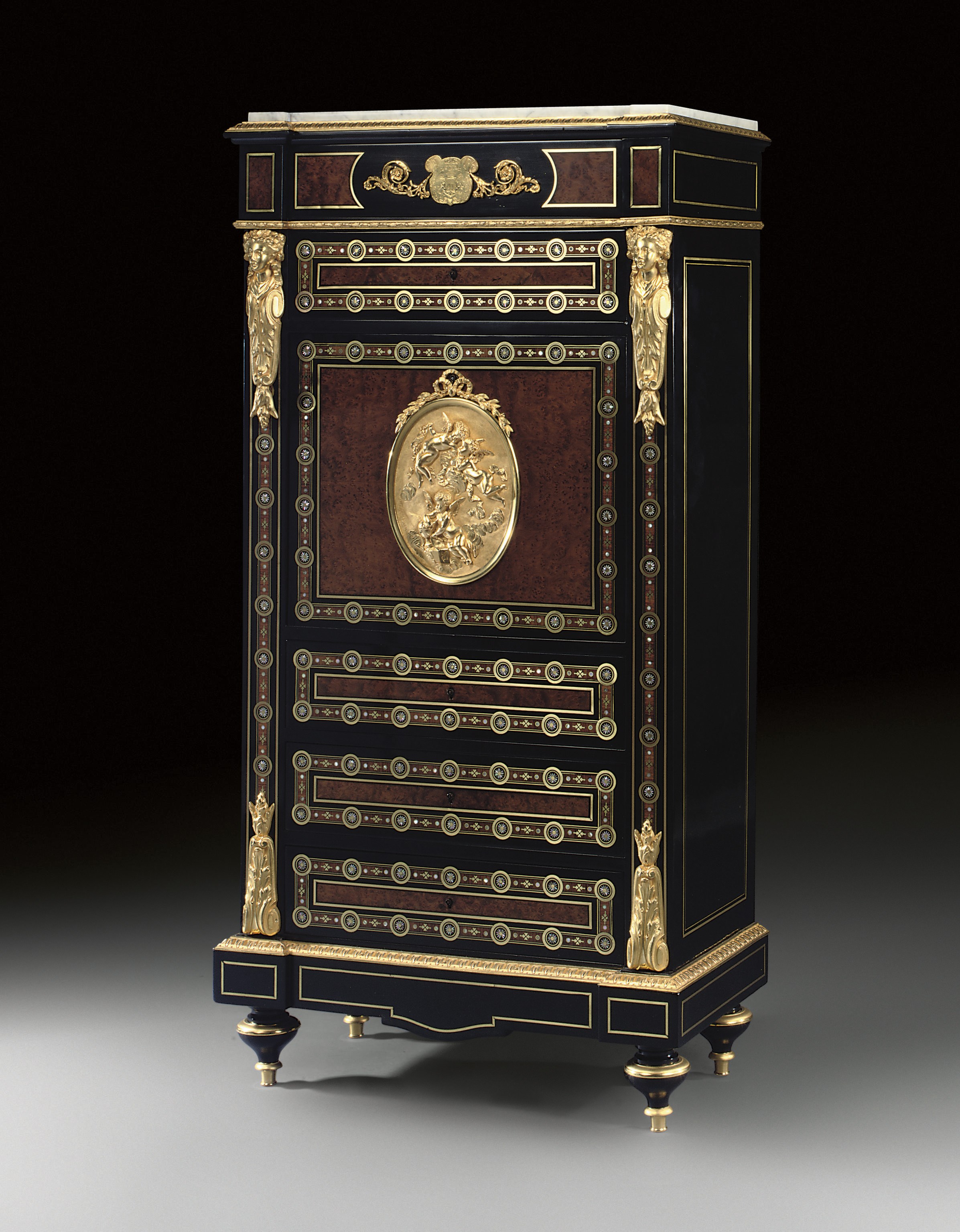 A NAPOLEON III ORMOLU-MOUNTED MOTHER-OF-PEARL AND BRASS-INLAID, TULIPWOOD, BURR-AMBOYNA, EBONY AND EBONISED SECRETAIRE A ABBATANT