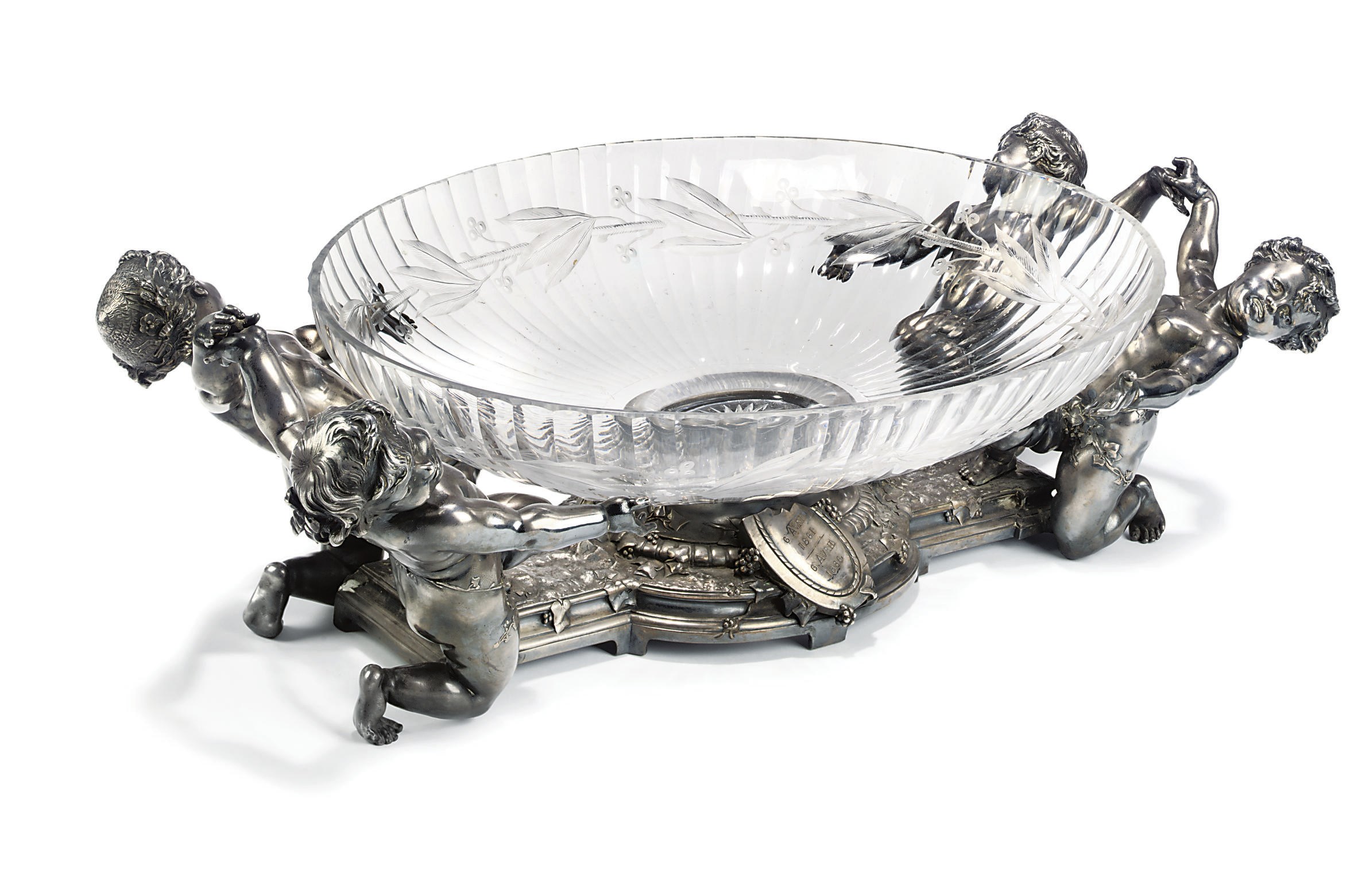 A FRENCH ELECTROPLATED AND CUT-GLASS CENTREPIECE