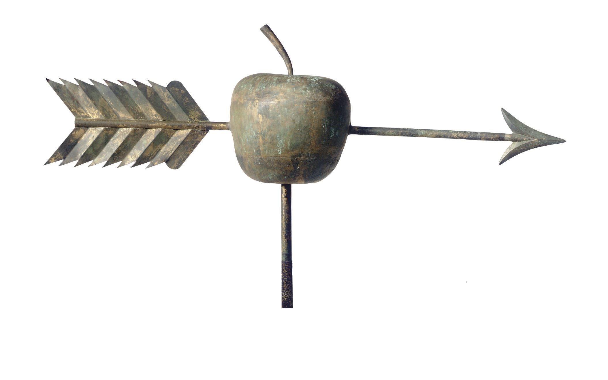 A MOLDED COPPER ARROW-THROUGH-APPLE WEATHERVANE