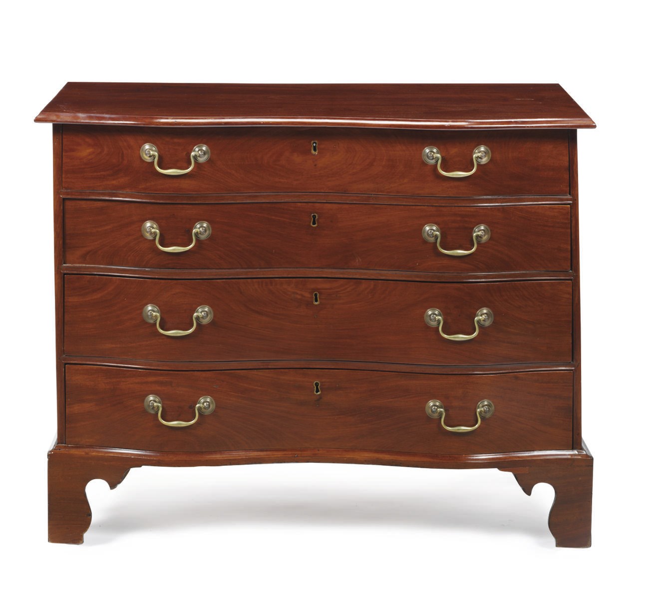 A CHIPPENDALE MAHOGANY REVERSE-SERPENTINE CHEST-OF-DRAWERS