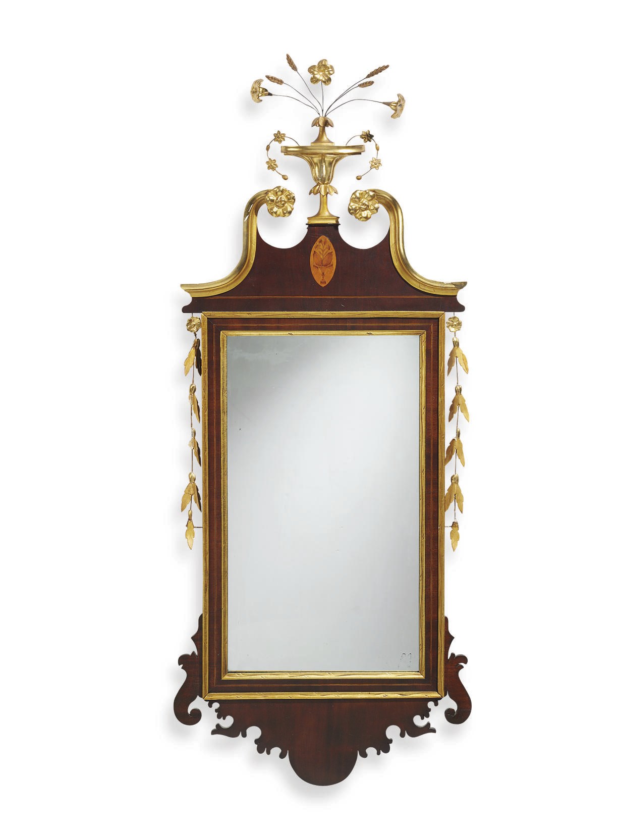 A FEDERAL INLAID MAHOGANY AND PARCEL-GILT LOOKING GLASS