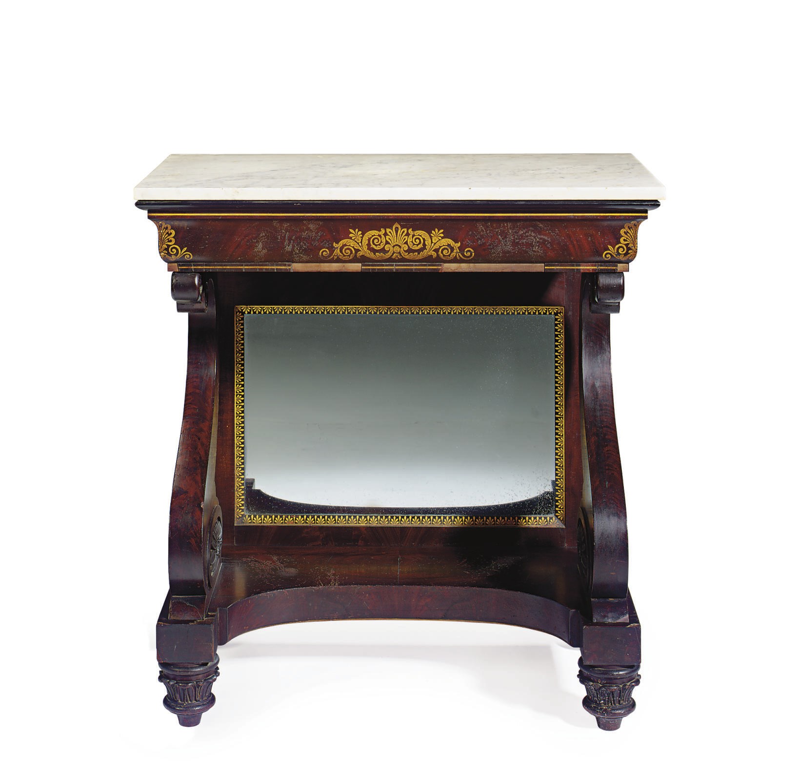 A CLASSICAL GILT DECORATED MAHOGANY MARBLE-TOP PIER TABLE