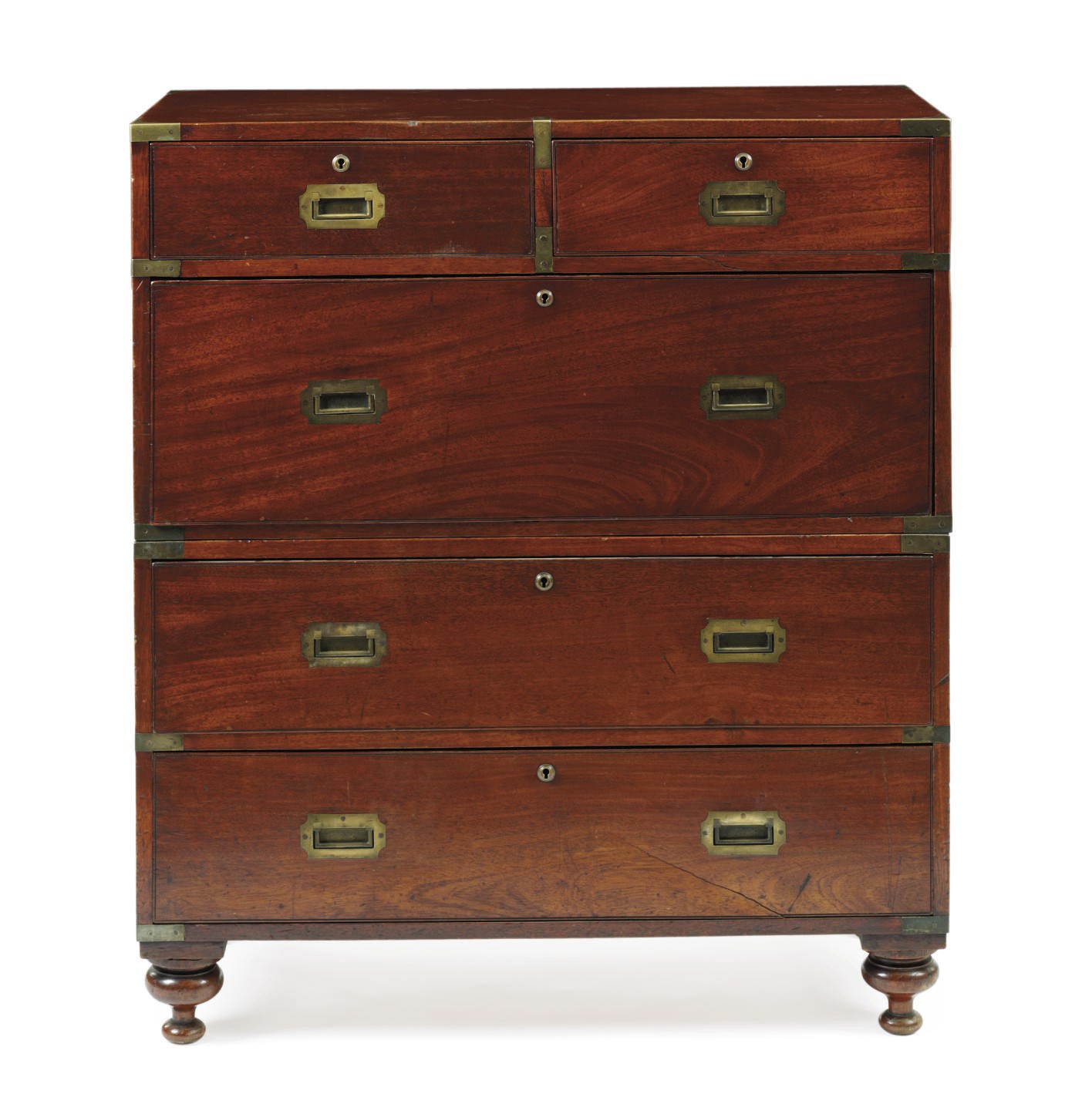 A brass bound mahogany two-part campaign chest