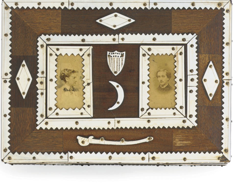 An ivory and mahogany decorated memory box**