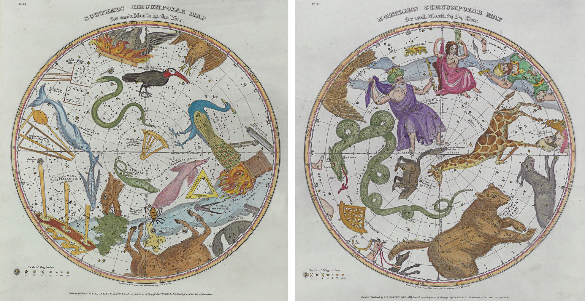 A set of six framed hand-colored celestial charts