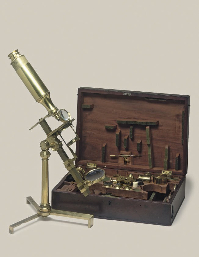 A fine brass lacquered Jones' Most Improved-type microscope