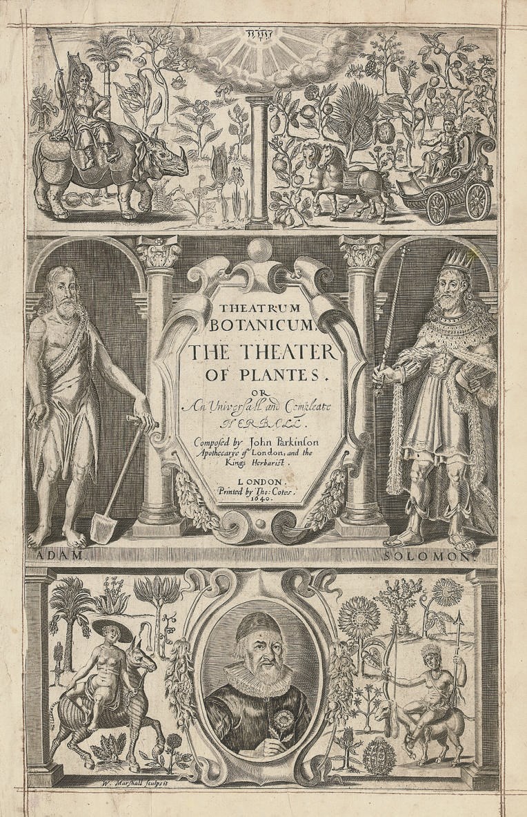 PARKINSON, John (1567-1650).  Theatrum Botanicum: The Theater of Plants.  Or, an Herball of a Large Extent. London: Thomas Cotes, 1640. 2° (346 x 230mm). Additional engraved title page, woodcut head-pieces and initials, numerous woodcut illustrations, appendix and index (additional title trimmed and laid down, printed title with marginal hole at gutter, some index leaves detaching or loose, occasional light spotting and staining). Contemporary calf gilt (rebacked preserving original gilt spine, corners repaired, scratched and scuffed). Provenance: Anthony ?salvin (old signature on title); E. H. Greenly (armorial bookplate and signature); Vittorio Arioli (ex-libris sticker). STC 19302; Henrey 286; Hunt 235; Nissen BBI 1490.
