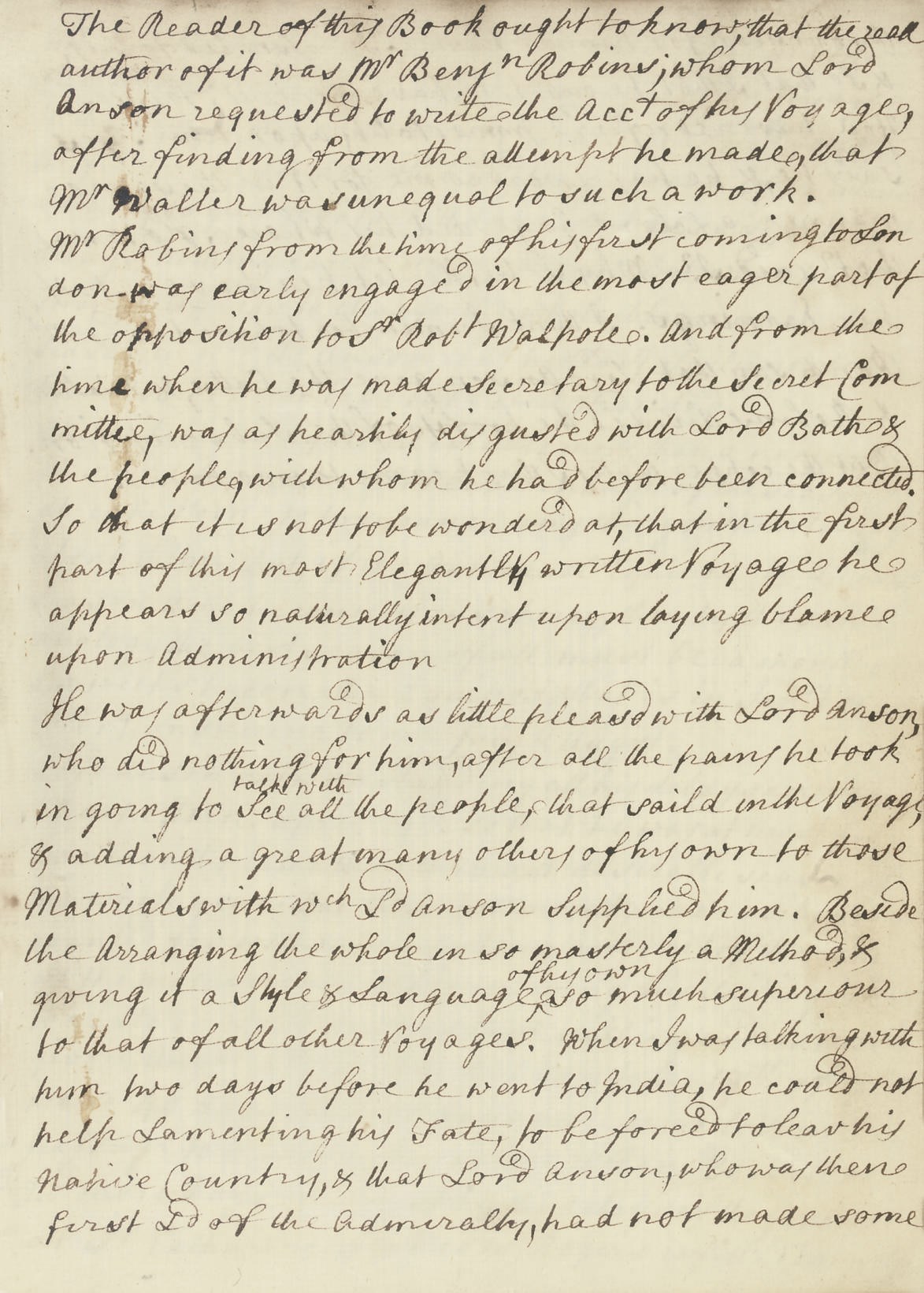 ANSON, George (1697-1762). A Voyage round the World in the years MDCCXL, I, II, III, IV ... compiled... by Richard Walter, M.A.. London: John and Paul Knapton for the Author, 1748. 4° (256 x 198mm). 40 (of 42) folding plates, List of Subscribers (title and two dedication leaves detached, the latter also torn across without loss, final three leaves detached, some spotting, short tears/repairs to some plates, dates added neatly to some margins). Contemporary calf, contrasting spine label (boards detached, worn). FIRST EDITION. Provenance: Israel Mauduit (1708-87) (signature on title); Robert Willis Blencowe (bookplate and label). WITH A THREE-AND-A-HALF PAGE TIPPED-IN MANUSCRIPT IN MAUDUIT'S DISTINCTIVE HAND DISCUSSING THE AUTHORSHIP OF THE BOOK AND THE CIRCUMSTANCE'S OF ANSON'S VOYAGE.