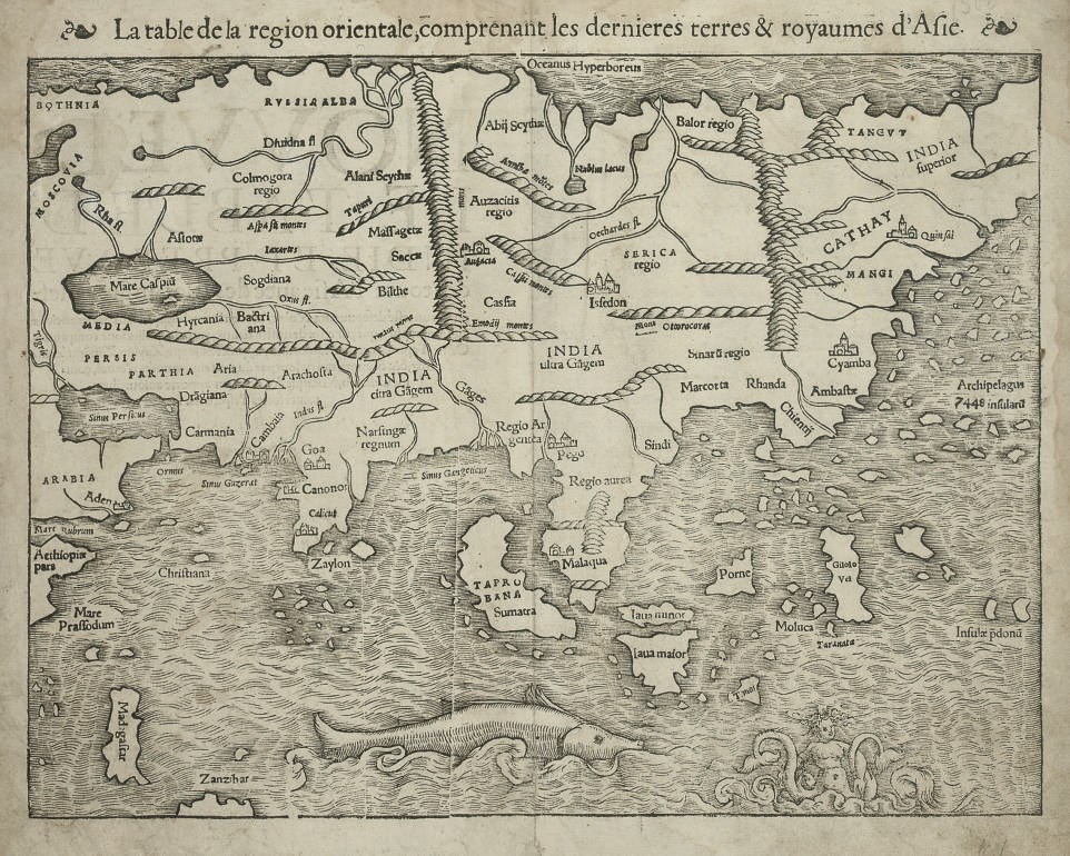 MEUNSTER, Sebastian (1489-1552).  La table de la region orientale, comprenant les dernieres terres & royaumes d' Asie. [Basel: c.1552]. Woodcut map, sea-monster and mermaid, French text on verso (some light staining, creasing to one corner), 270 x 343mm. Provenance: copious late 18th-century annotation on verso.
