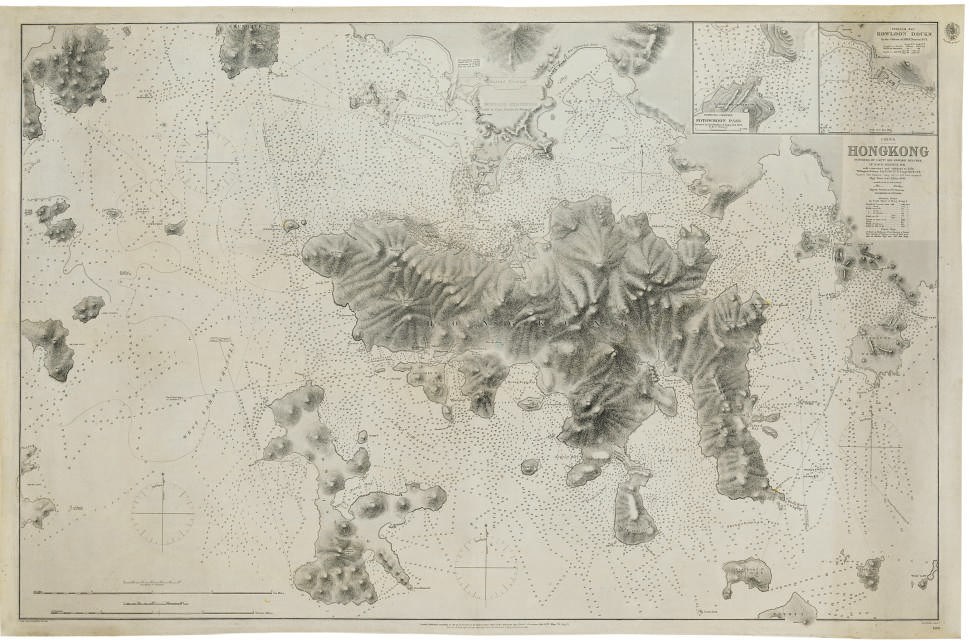 Hong Kong surveyed by Capt. Sir Edward Belcher. In H.M.S. Sulphur 1841.  With corrections and additions to 1878. London: Hydrographic Office of the Admiralty, August 1878. Engraved chart of Hong Kong and its harbour engraved by J. & C. Walker, with small inset charts of Fotowman Pass and Kowloon Docks (some light staining and dust-soiling), 595 x 920mm.