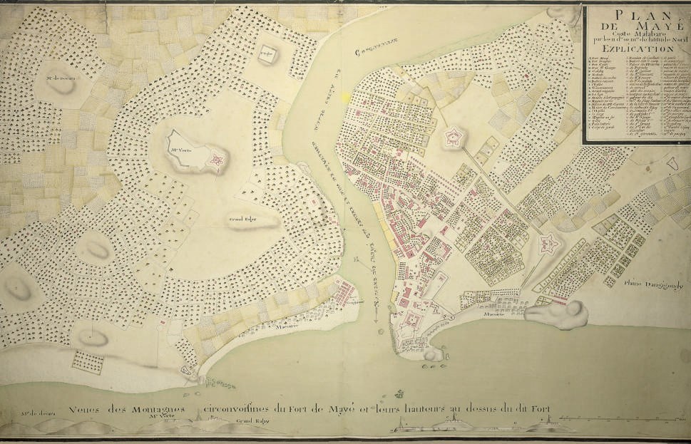 'Plan de Mayé.  Coste Malabare,' [no place: n.d. but 18th-century]. Manuscript map in pen-and-ink and watercolour incorporating 'Veues des Montagnes circonvoisines du Fort de Mayé et leurs hauteurs au dessus du dit Fort' along lower edge, inset title and 'Explication' panel (shaved), 605 x 950mm.