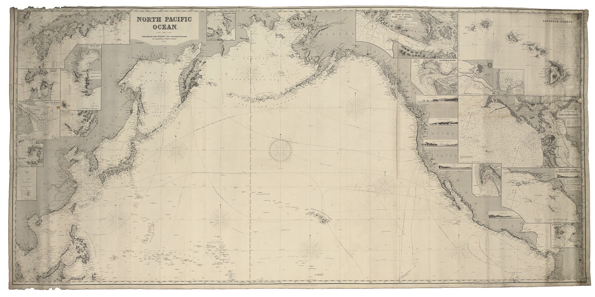 APPLETON, J. W.  North Pacific Ocean. London: "Published by Chas. Wilson, late J. W. Norie & Wilson," 1880. Very large engraved chart on 3 sheets, joined, inset charts of Tsugar Strait, Yang-Tse Kiang, Fort Lloyd, Arzobispo, Yedo Bay, Nagasaki, Avatcha Bay, Juan de Fuca, Haro and Rosario Straits, Columbia Rover, The Hawaiian or Sandwich Islands, Honolulu, Waiakea, The Approaches to San Francisco, San Diego Bay, San Diego to the Sta. Barbara Channel and Acapulco, coastal profiles, laid down on publisher's blue paper (long tear without loss, top left corner frayed with slight loss, some staining and dust-soiling), approximately 1,015 x 2,100mm.