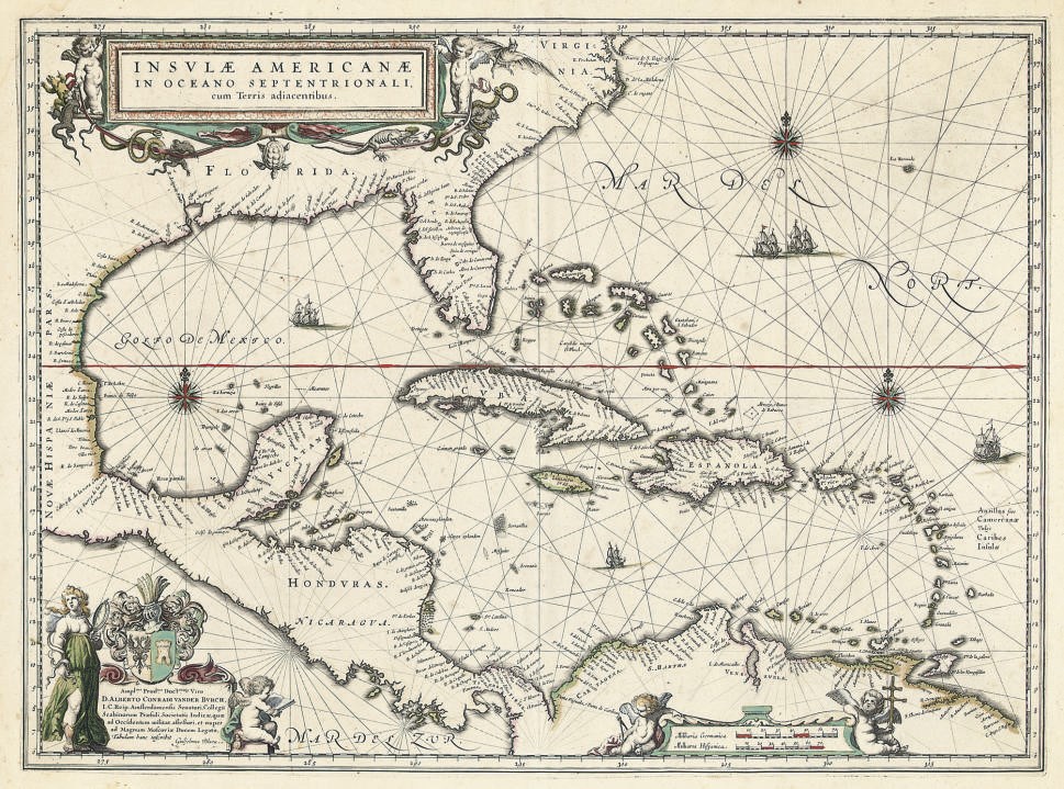 BLAEU, Willem (1571-1638).  Insulae Americanae in Oceano Septentrionali, cum Terris adiacentibus. [Amsterdam: 1635 or later]. Hand-coloured engraved map, title, dedication and scale cartouches, galleons, compass roses (marginal stain, some light spotting), 380 x 520mm., framed and glazed.