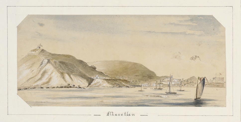 [Charles Douglas Richard Hanbury Tracy, 4th Baron Sudeley (1840-1922)]. Log of H.M.S. Amethyst Sep.t 1859 to Dec. 1860. Vol 3., manuscript on paper, charting the voyage of HMS Amethyst from Callao, Peru, to Plymouth via San Blas, Mazatlan, Guaymas, Panama, Valparaiso and Rio de Janeiro, 88 pages, folio (368 x 230mm), including two pages of 'remarks', with a folding 'Plan of the Hold' in pen-and-ink, 4 sepia photographs, 6 folding or full-page maps in pen-and-ink, including a plan of San Blas, and folding double-page world map, and interleaved with 9 drawings and sketches in watercolour or pencil and wash (occasional light offsetting or spots). 19th-century half olive calf gilt (some wear). Provenance: Charles Douglas Richard Hanbury Tracy, 4th Baron Sudeley (armorial bookplate).