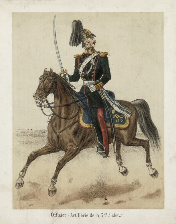 "Garde Impériale Russe" [title stamped in gilt on cover]. [?Paris: c.1880]. 28 hand-coloured lithographed plates of the Russian Imperial Guard by ?Bastin, captioned in French, mounted on strip of linen to form a continuous panorama, approximately 150 x 3,360mm., folding into original cloth wallet stamped lettered in gilt and decorated in blind (extremities rubbed). Provenance: Mark Dineley (armorial bookplate).
