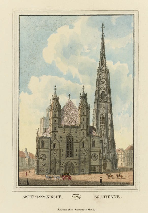 MOLLO, Tranquillo (1767-1837, publisher).  Wien's vorzüglichste Gebäude und Monumente.  Les Principaux Batiments et Monuments de Vienne. Vienna: chez Tranquillo Mollo, [c.1825]. Oblong 4° (197 x 260mm). Engraved title with hand-coloured vignette and 79 fine hand-coloured engraved plates by Josef Leitz and others after Edward Gurck and others, each captioned in German and French (some very light marginal staining not affecting plates). Contemporary half roan and watered silk boards, gilt edges (upper joints worn, extremities rubbed, corners bumped).