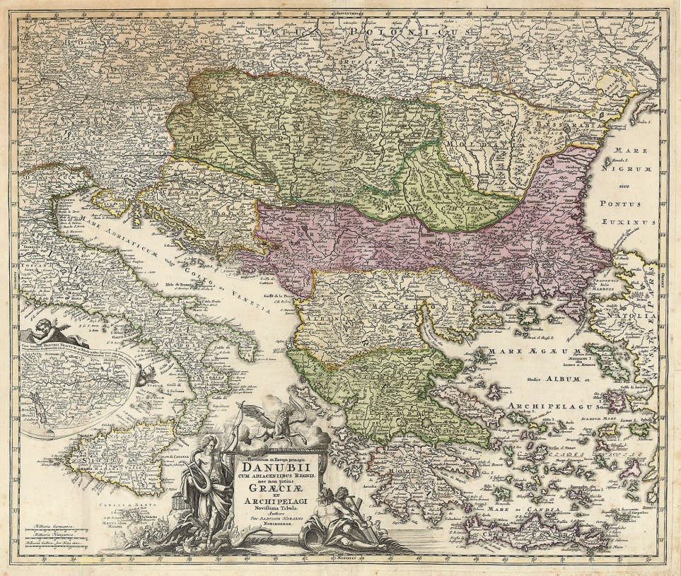 HOMANN, Johann Baptist.  Fluviorum in Europa principis Danubii cum adiacentibus Regnis, nec non totius Graeciae et Archipelagi novissima tabula. Nuremberg: Homann, [c.1740]. Hand-coloured engraved map, elaborate figural cartouche (some light browning, some mainly marginal staining), 480 x 570mm., framed and glazed.