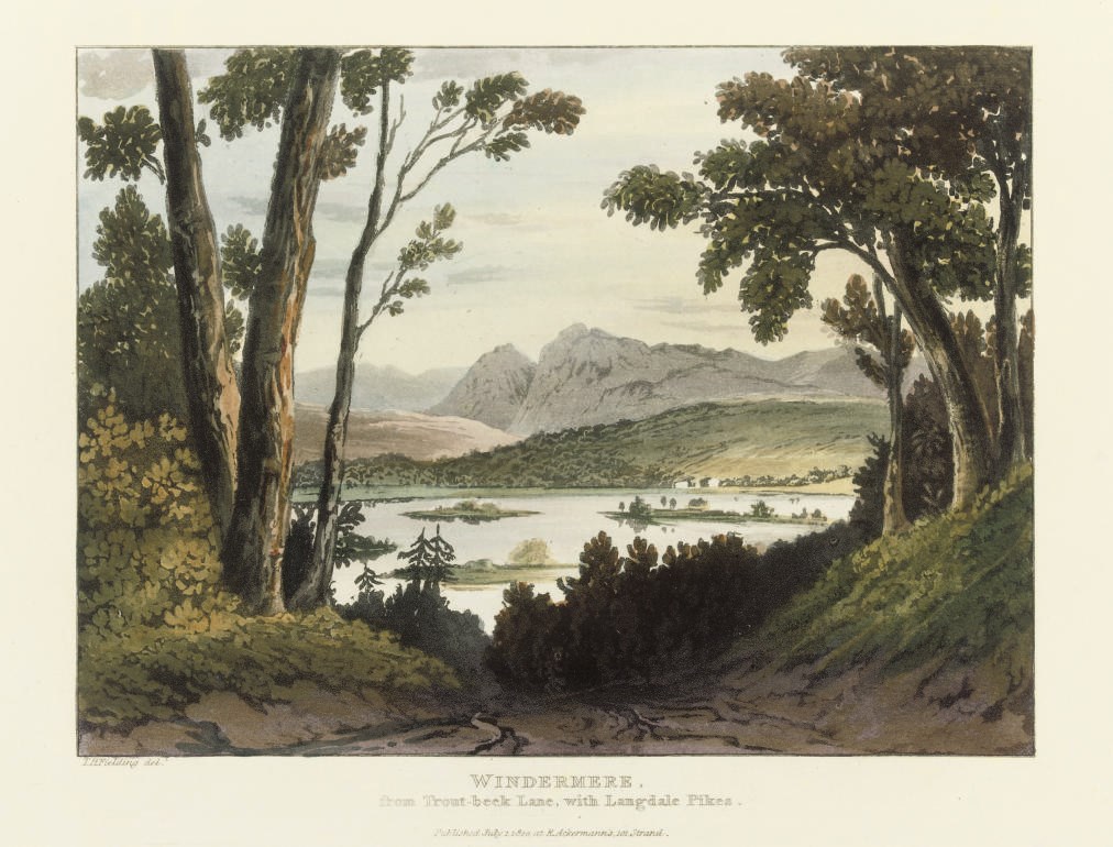FIELDING, Theodore Henry (1781-1851) and J. WALTON.  A Picturesque Tour of the English Lakes. London: R. Ackermann, 1821. 4° (335 x 260mm). Hand-coloured aquatint title-vignette and 48 hand-coloured aquatint plates (a little offsetting of plates on to text, a little spotting at the beginning). Later 19th-century maroon half calf, gilt spine (a little rubbed). Provenance: Durham County Library (stamp on title verso). Abbey Scenery 192; Tooley 219.