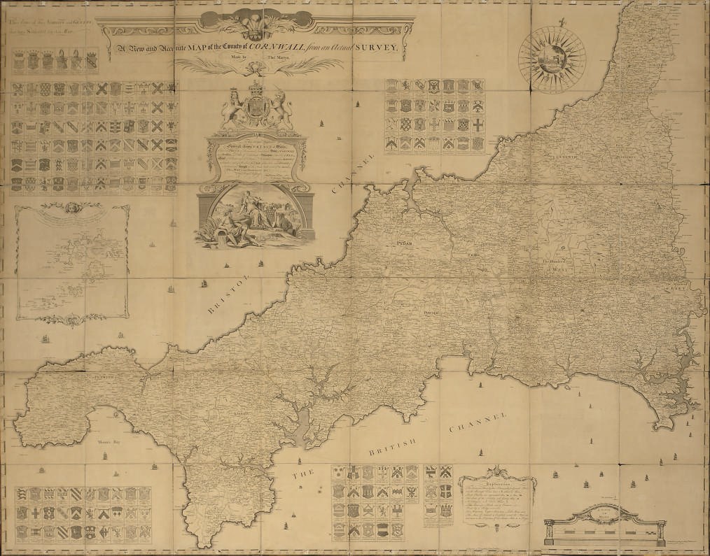 MARTYN, Thomas.  A New and Accurate Map of the County of Cornwall, from an Actual Survey. [London: no publisher], November 26th, 1748. Very large engraved map on 48 sections mounted on linen, elaborate title and dedication cartouche, numerous coats-of-arms of subscribers, inset plan of the Isles of Scilly, compass rose, galleons (lightly browned, some separation and minor fraying at folds, a few inconspicuous repairs), approximately 1,440 x 1,750mm., folding into contemporary marbled wallet (worn). RARE.