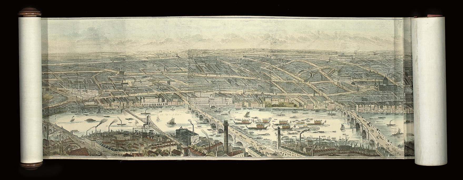 Panorama of London and the River Thames. [London:] The Illustrated London News, [1845]. Very long hand-coloured wood-engraved panoramic bird's-eye-view by Smyth, mounted on linen, with key plan (some light staining and creasing), approximately 300 x 2,370mm., on wooden roller with red cloth flap lettered in gilt, silk ties. Provenance: D. G. S. ?Wooden (signature on verso).
