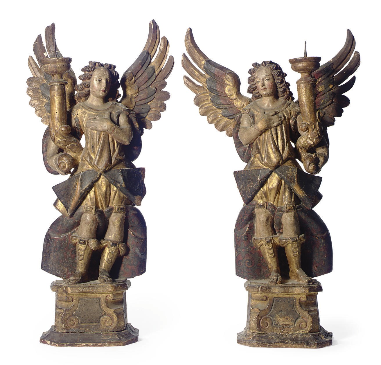 A PAIR OF ITALIAN POLYCHROME-DECORATED AND GILTWOOD FIGURAL CANDLESTICKS