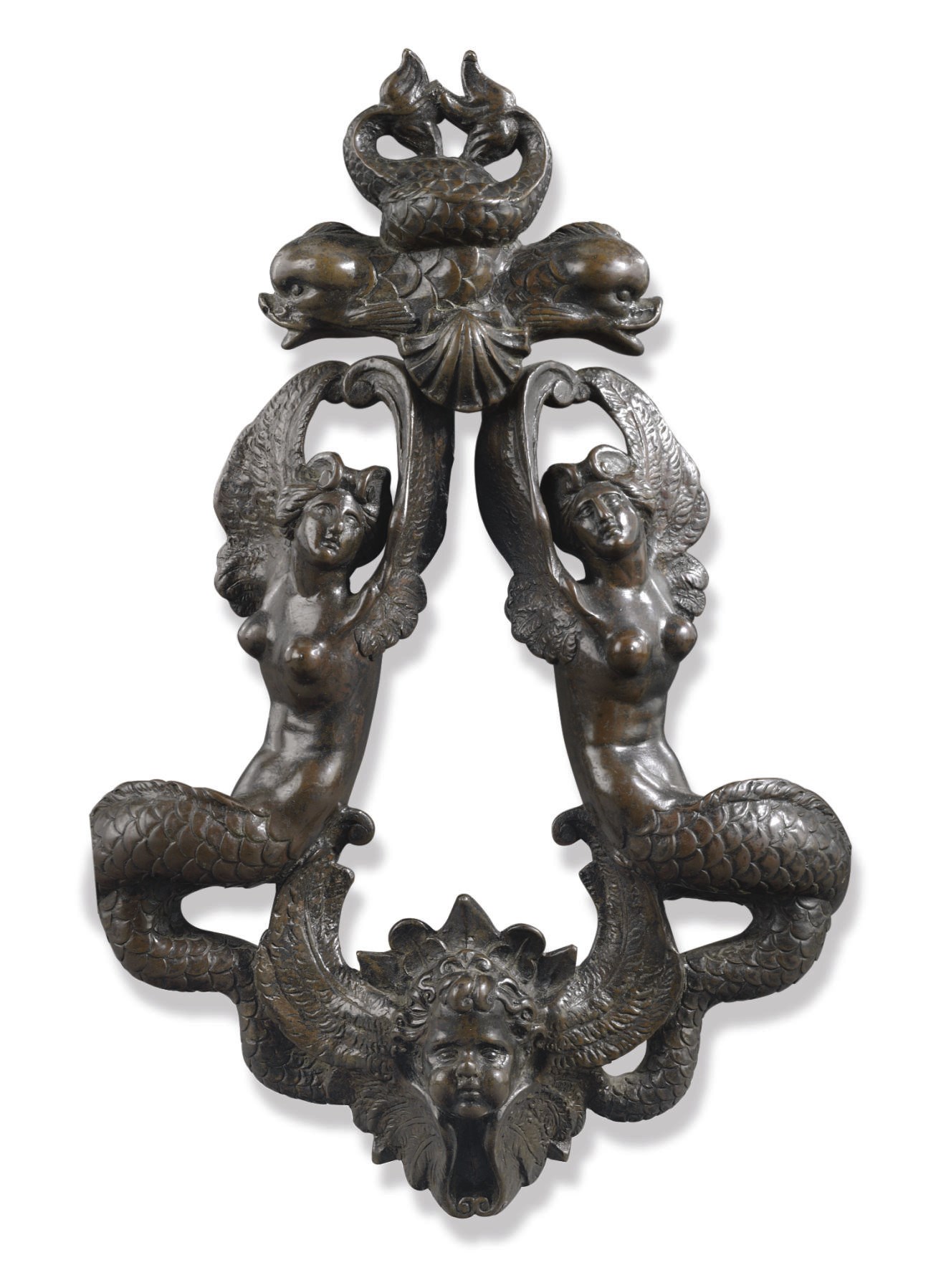 A NORTH ITALIAN PATINATED BRONZE DOOR KNOCKER