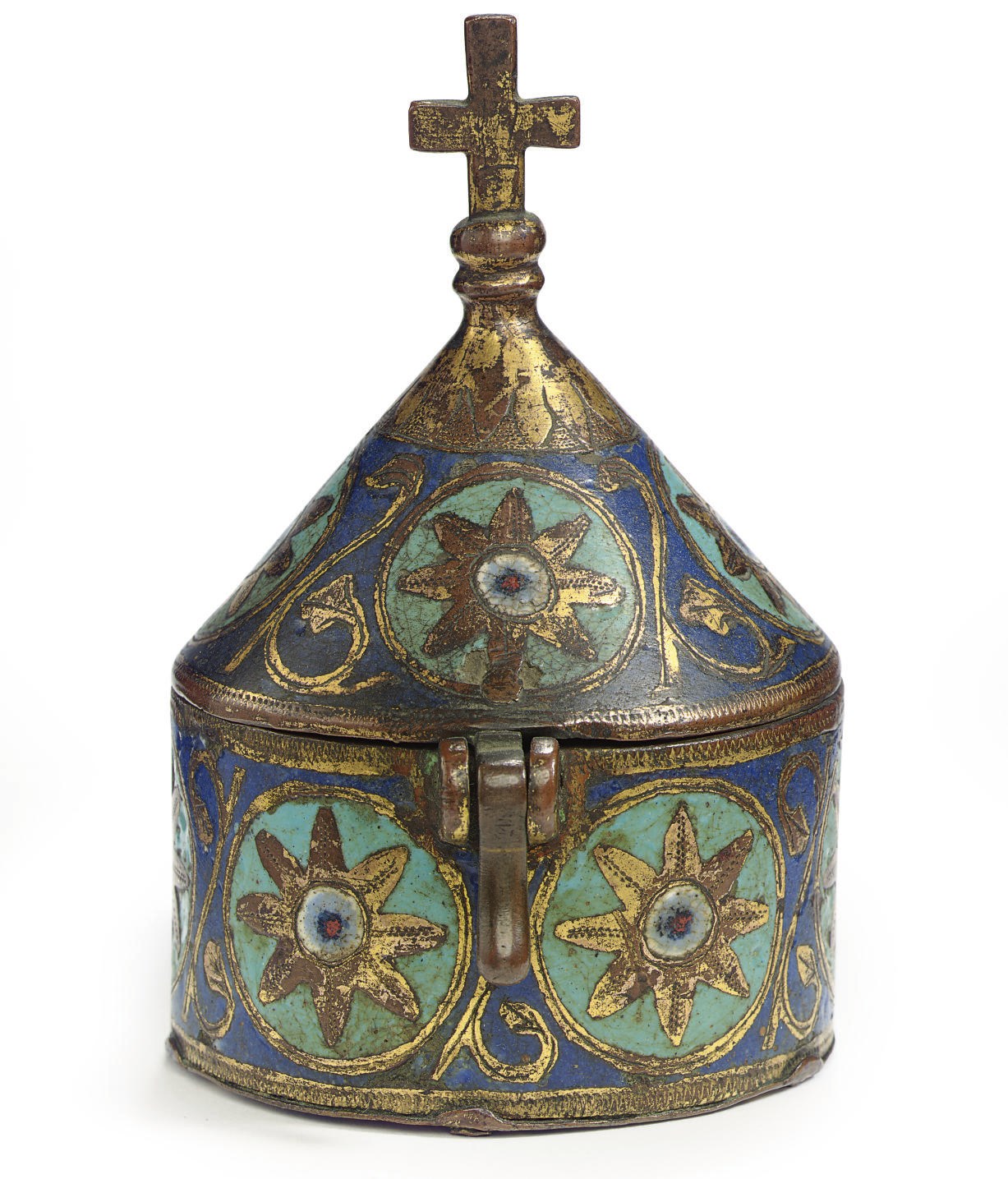 A LIMOGES CHAMPLEVE ENAMEL AND GILT-COPPER PYX