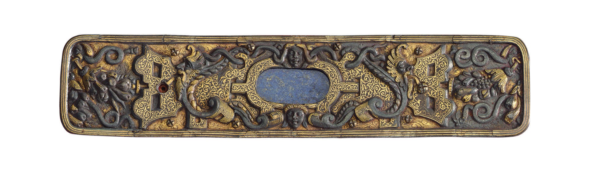 A LAPIS-LAZULI-INLAID, IRON AND GILT-DECORATED PANEL