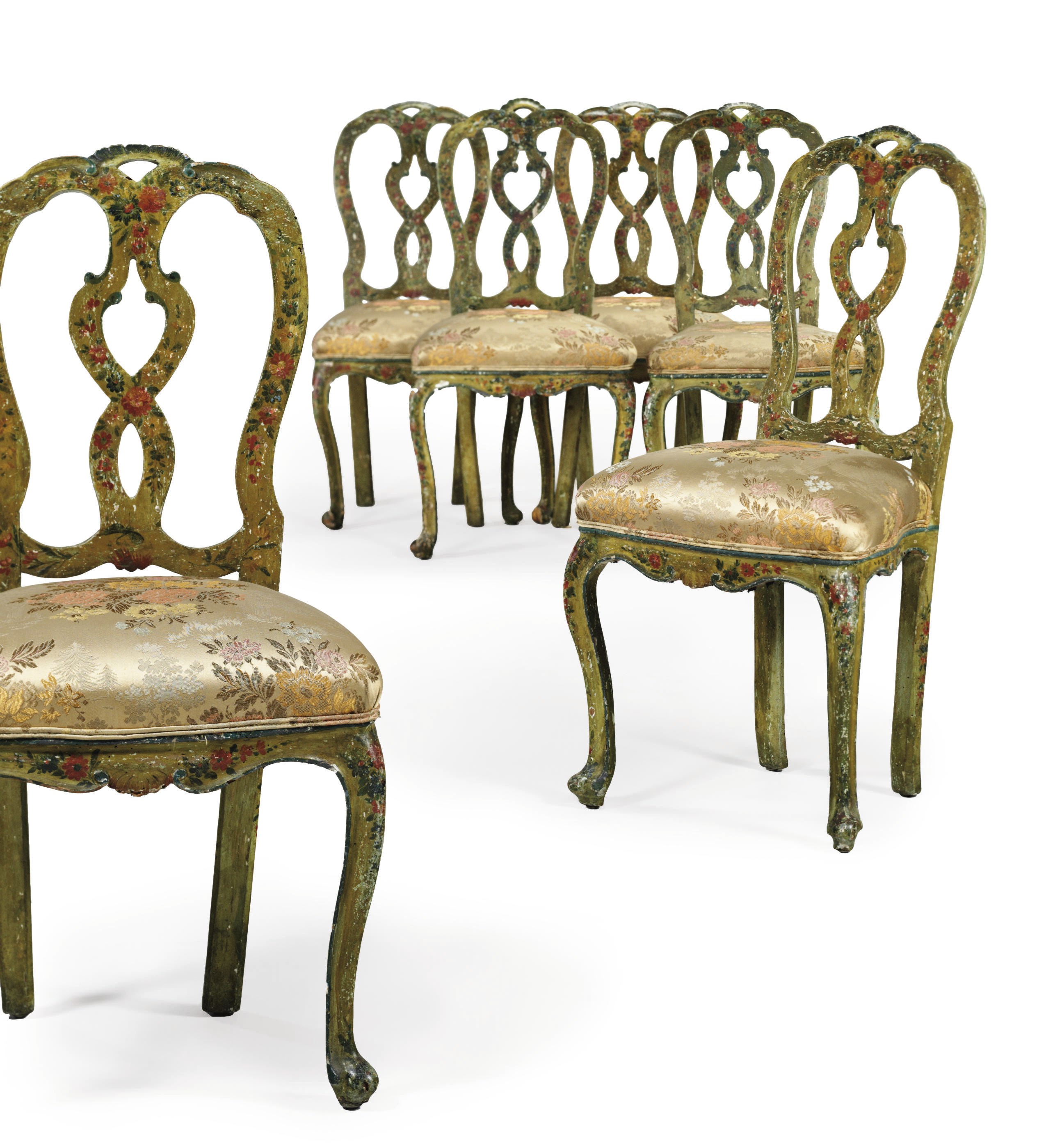 A SET OF SIX NORTH ITALIAN POLYCHROME-PAINTED SIDE CHAIRS