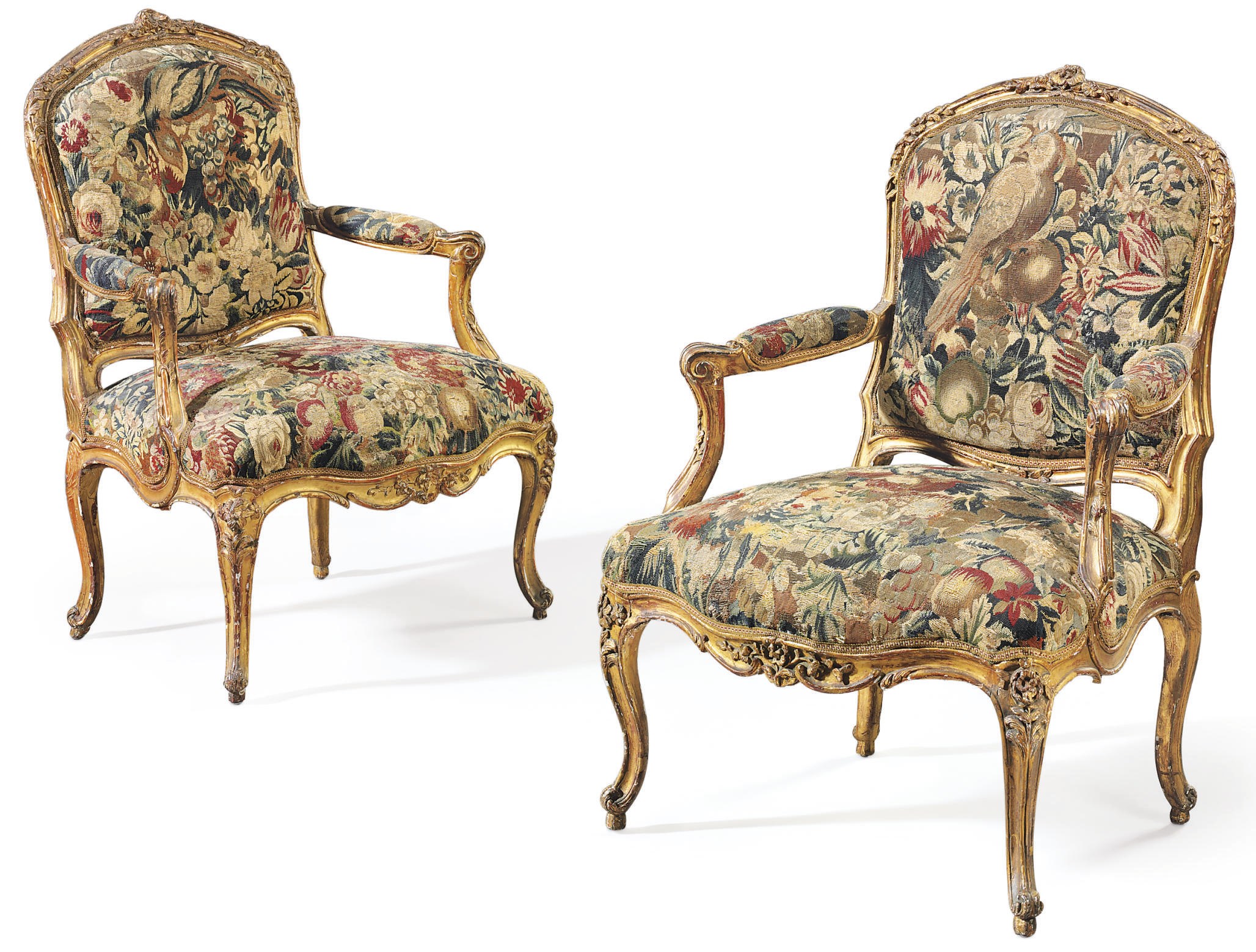 A PAIR OF LOUIS XV GILTWOOD FAUTEUILS