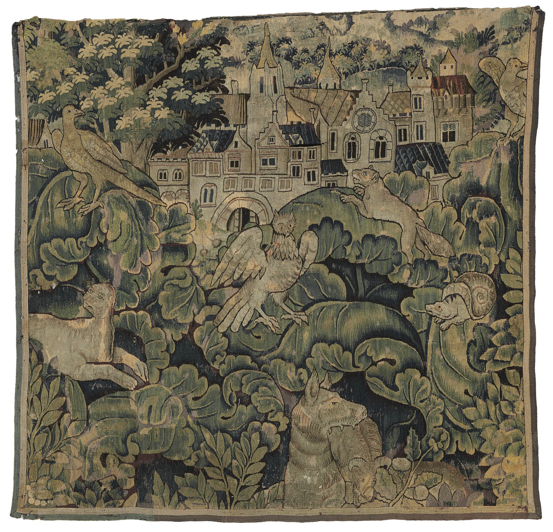 A FLEMISH LARGE-LEAF VERDURE TAPESTRY FRAGMENT
