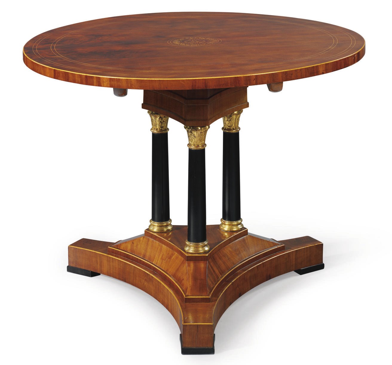AN AUSTRIAN INLAID MAHOGANY, PARCEL-GILT, AND PARCEL-EBONIZED CENTER TABLE