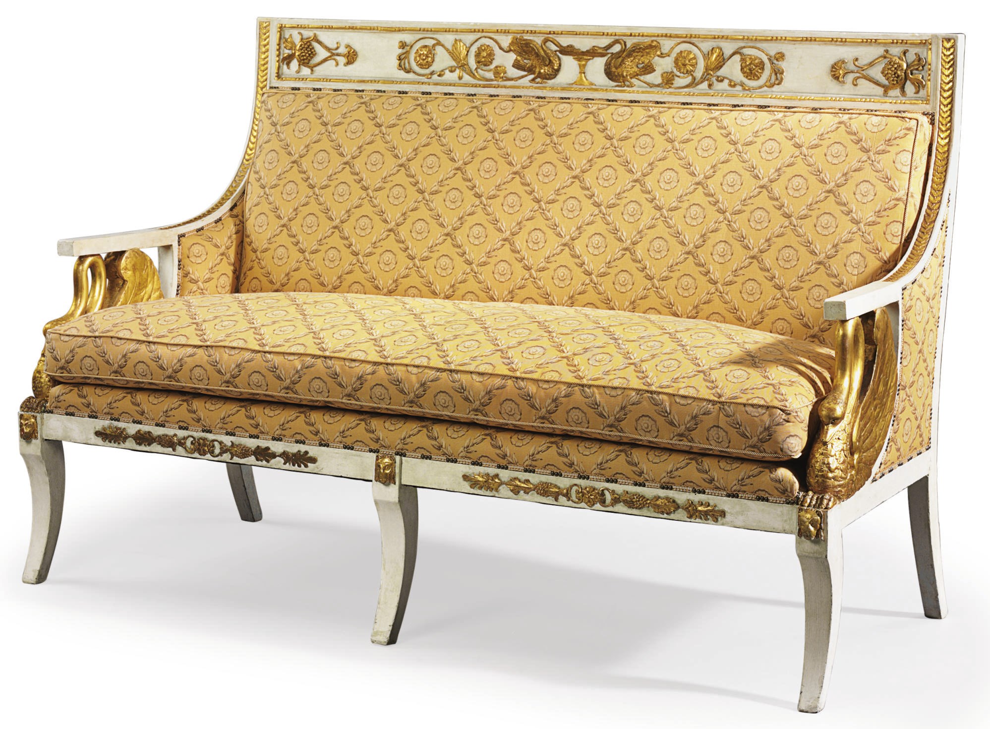 A NORTH ITALIAN WHITE-PAINTED AND PARCEL-GILT SETTEE