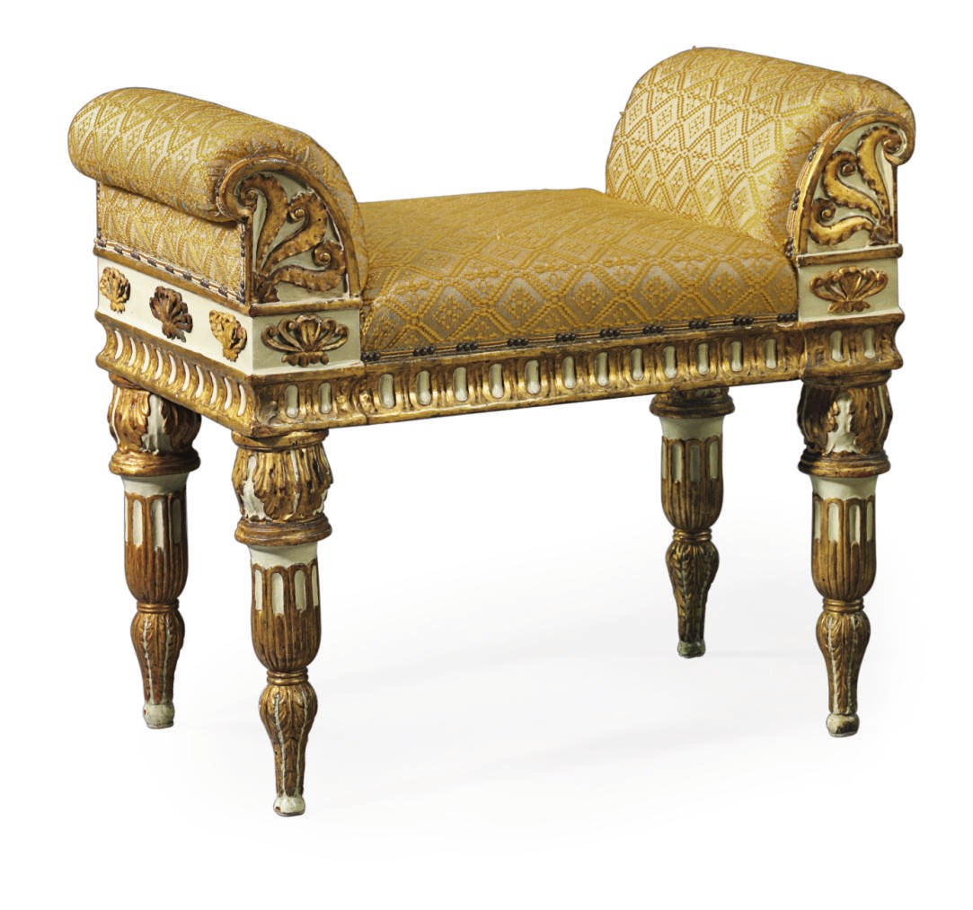 A PAIR OF NORTH ITALIAN WHITE-PAINTED AND PARCEL-GILT BENCHES