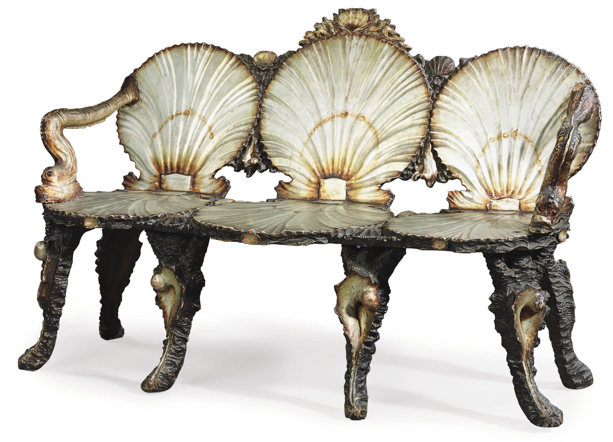 AN ITALIAN PARCEL-SILVERED THREE-SEAT GROTTO SETTEE