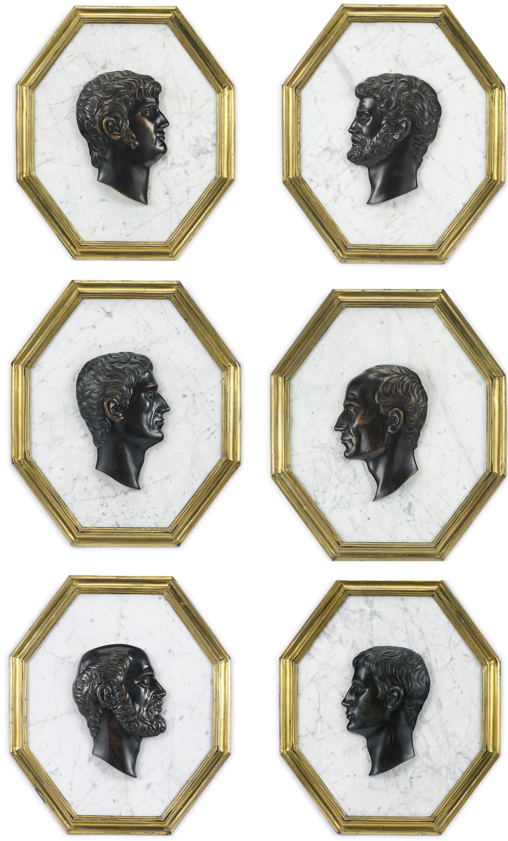 A SET OF SIX PATINATED BRONZE, ORMOLU AND MARBLE PORTRAIT MEDALLIONS